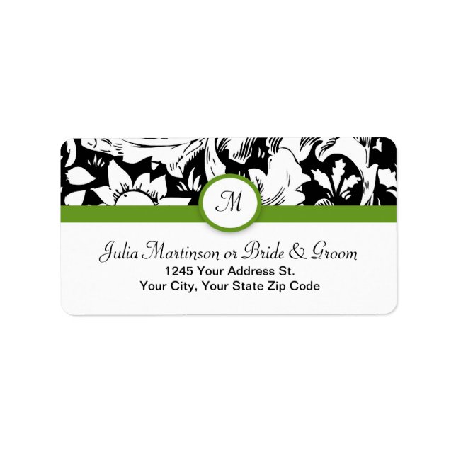 mariage monogramme noir et blanc damassé étiquette (Devant)