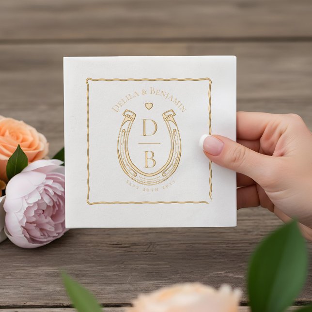 Mariage Monogramme Rustique Occidental Fer à Cheva (Rustic Love Western Horseshoe Monogram Wedding Foil Napkins)