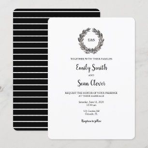 Mariage Monogramme Wreath Black Stripe Invitation