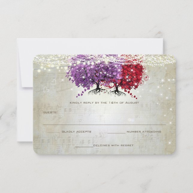 Mariage musical violet rouge coeur Leaf Tree RSVP (Devant)