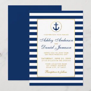 Mariage Naustique Rayures Bleues Or Invitation B