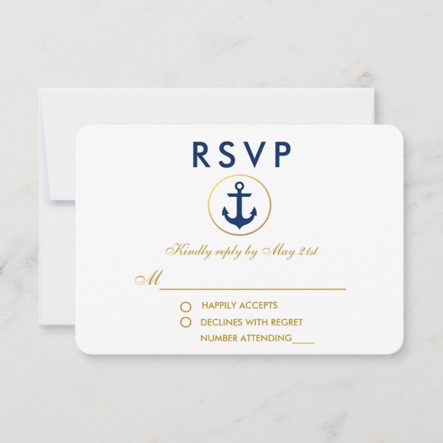 Mariage nautique Ancre bleue or RSVP (Devant)