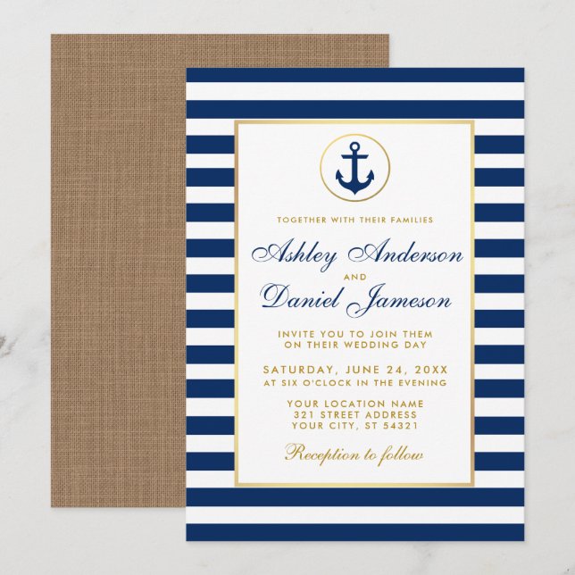 Mariage Nautique Bleu Bleu Grilles Or Invitation B (Devant / Derrière)