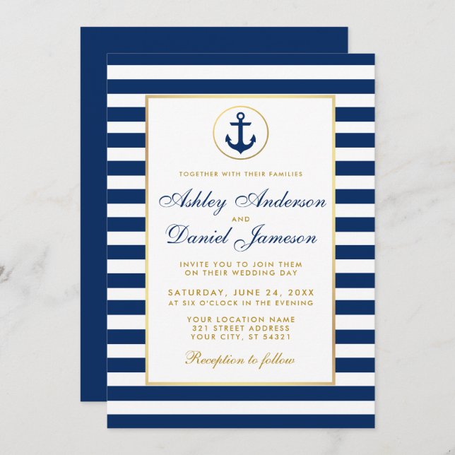 Mariage Nautique Bleu Grilles Or Invitation B (Devant / Derrière)