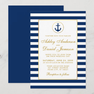 Mariage Nautique Bleu Grilles Or Invitation GB