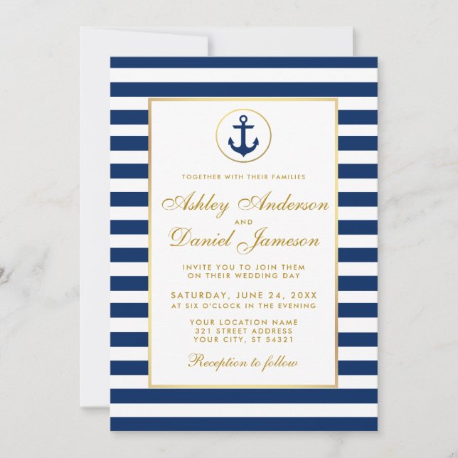 Mariage Nautique Bleu Grilles Or Invitation GW (Devant)