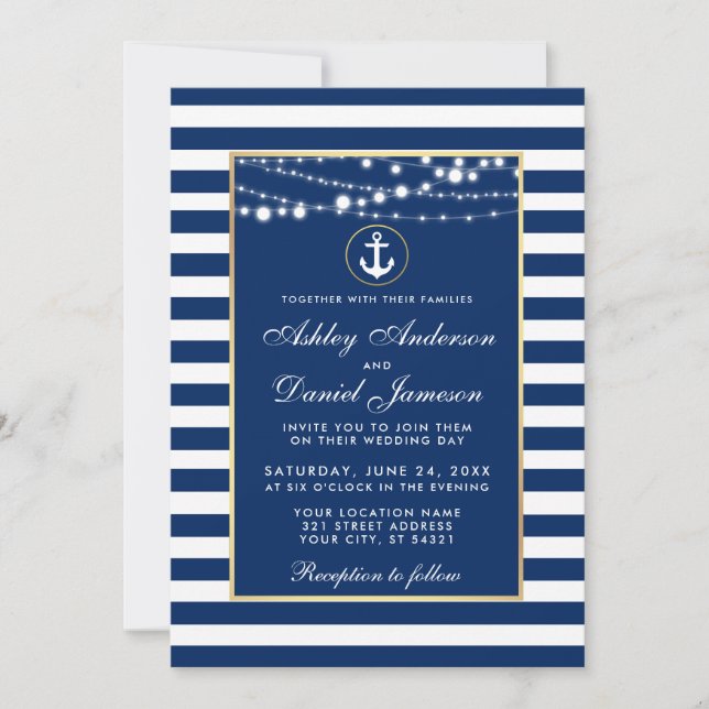 Mariage Nautique Bleu Rayures Éclairage Invitation (Devant)