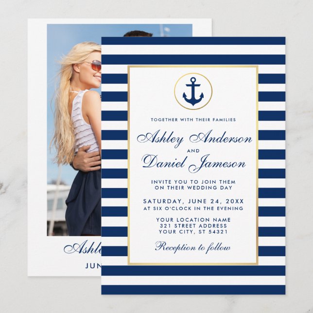 Mariage Nautique Bleu Rayures Invitation B Photo R (Devant / Derrière)