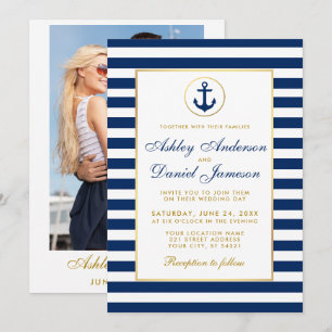 Mariage nautique Bleu rayures Invitation BG Photo 