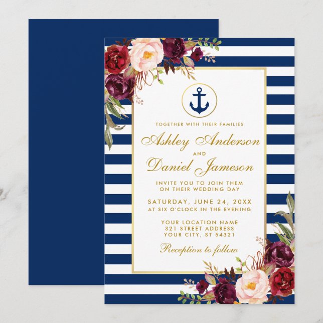 Mariage Nautique Bleu Stripes Bourgogne Invitation (Devant / Derrière)