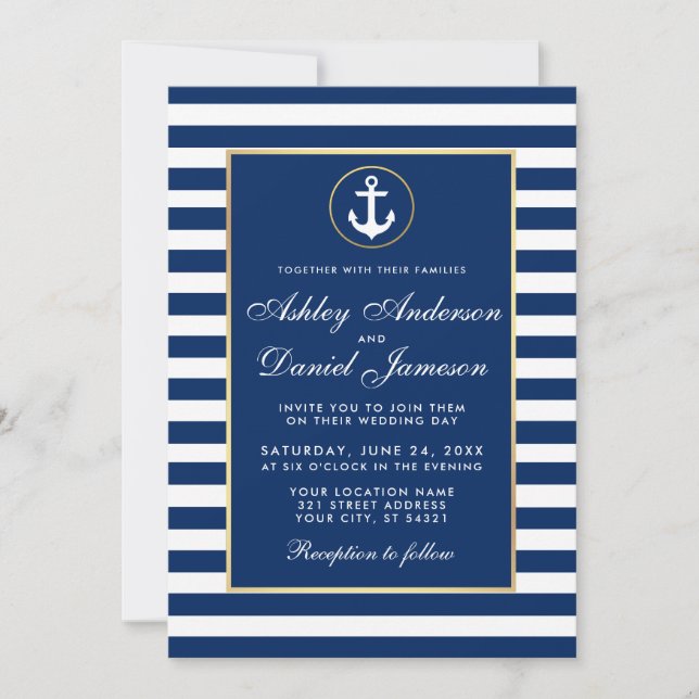 Mariage nautique Bleu Stripes Invitation (Devant)