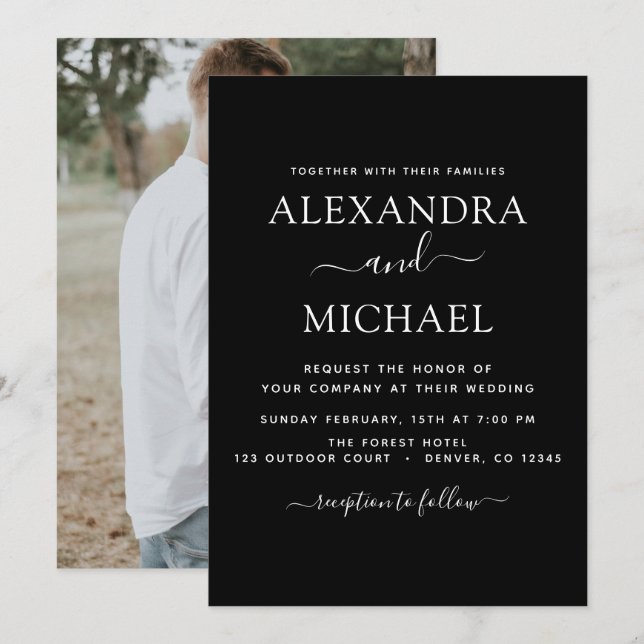 Mariage noir blanc Romantique Photo Invitation (Devant / Derrière)