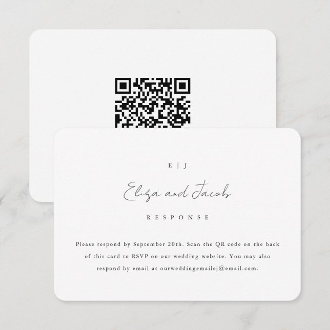 Mariage noir et blanc simple RSVP avec code QR (Devant / Derrière)