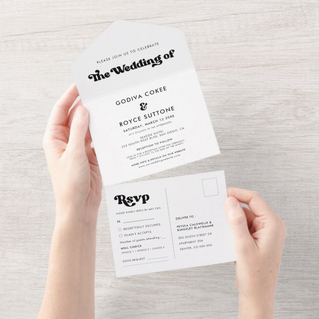 Mariage noir rétro élégant tout en une invitation (Déchirure)