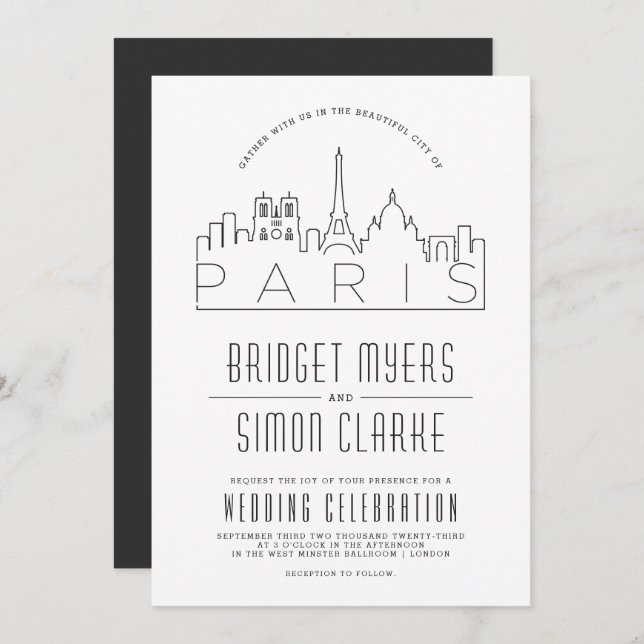 Mariage Paris, France | Invitation Skyline stylisé (Devant / Derrière)