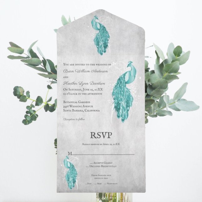 Mariage Peacock turquoise tout en une invitation (Teal Peacock All in One Wedding Invite)