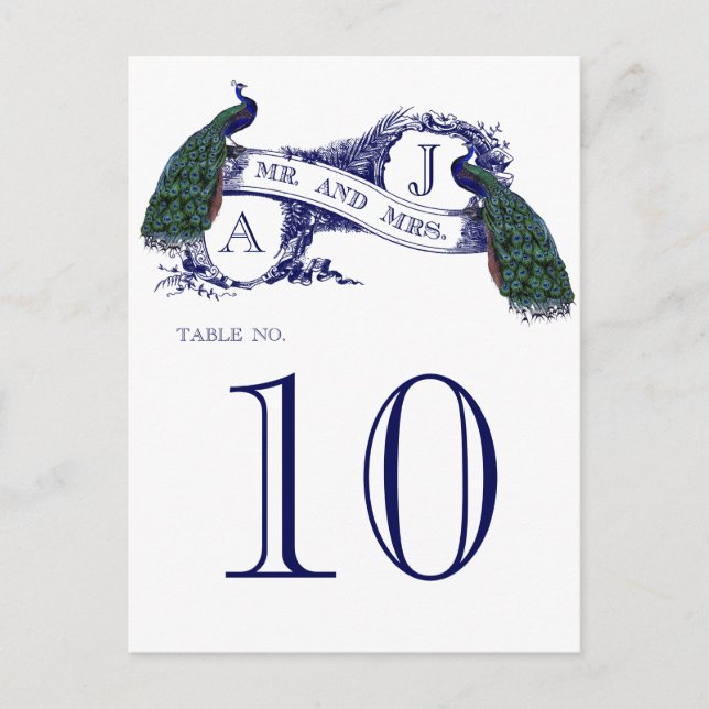 Mariage Peacock Vintage bleu Carte Numéro (Devant)