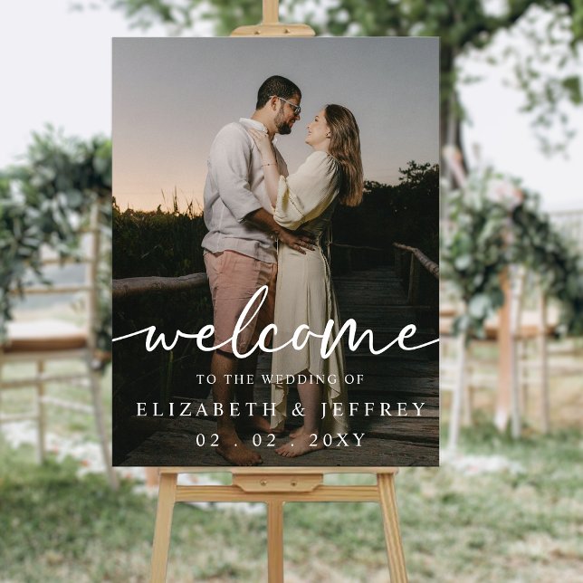 Mariage photo blanc de script moderne Bienvenue (Modern Script White Photo Wedding Welcome Acrylic Sign)