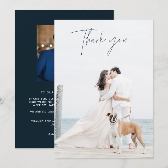 Mariage photo bleu de la Marine moderne Merci Cart (Devant / Derrière)