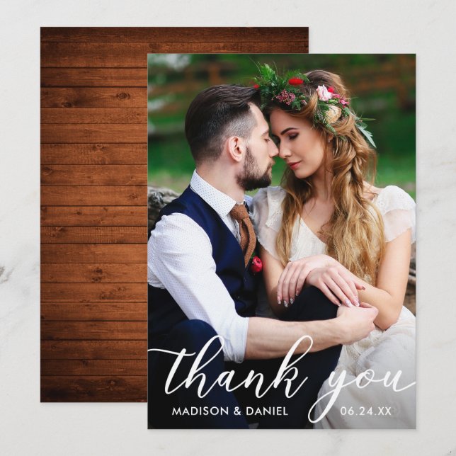 Mariage Photo Carte de remerciements Wood (Devant / Derrière)