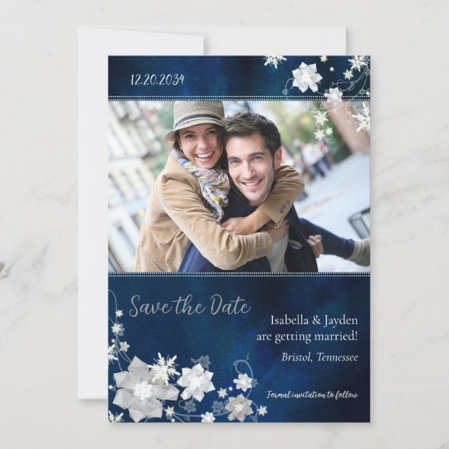 Mariage photo de l'hiver bleu marine Save the Date (Devant)