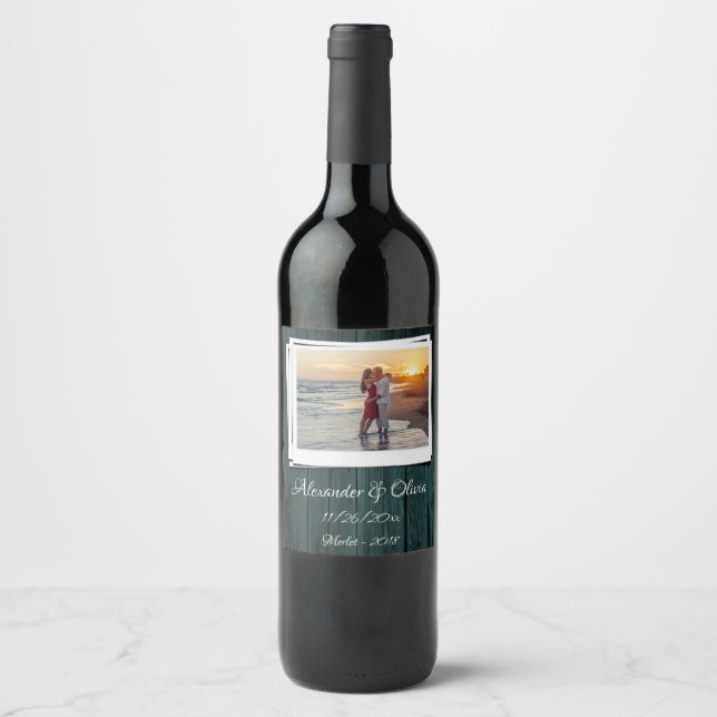 Mariage photo en bois turquoise Étiquette de vin (Devant)