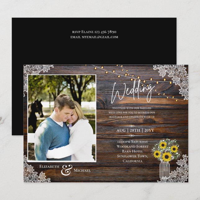 Mariage photo Rustique tournesols Invitation Modèl (Devant / Derrière)