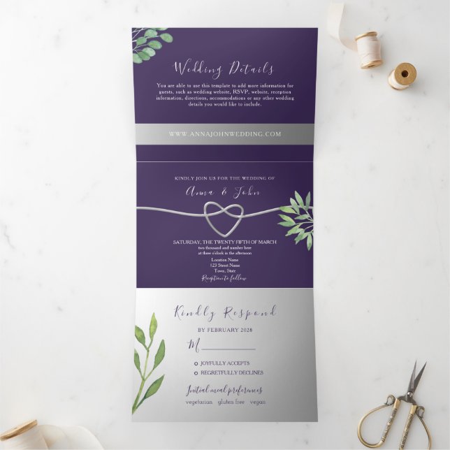 Mariage photo violet Invitation à trois volets (Intérieur)