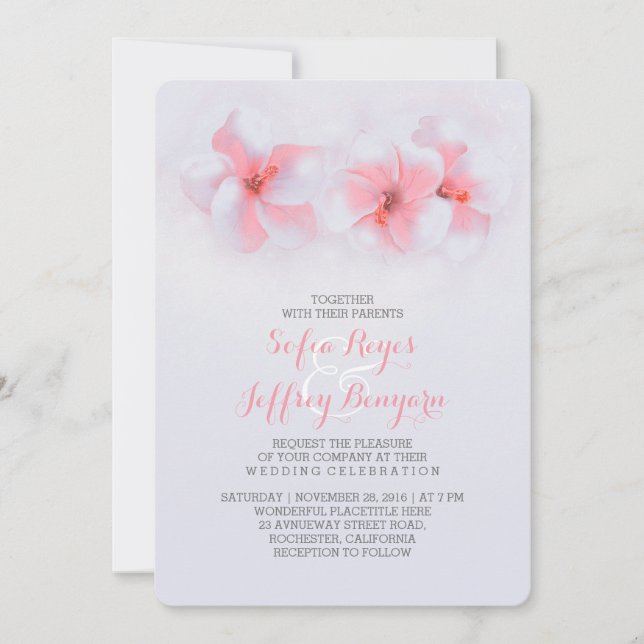 mariage plage corail hibiscus fleurs invitations (Devant)