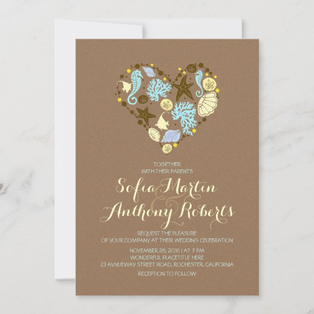Mariage plage décontractée invitation & coeur de m (Devant)