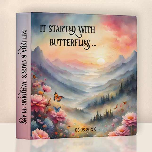 Mariage Plans d'aquarelle Papillons Classeur (Artistic wedding binder featuring a colorful painting of a butterfly valley with flowers at sunset)