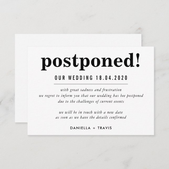 MARIAGE POSTPONÉ faire-part informations simples (Devant / Derrière)