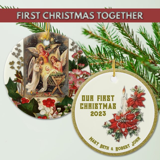 Mariage Premier Noël Ornement en céramique catholi (Our First Christmas Together with the Nativity of Jesus and the Holy Rosary)