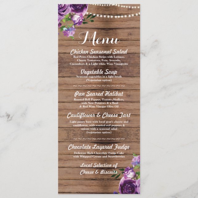Mariage Réception Menu Fleurs en Bois Violet (Devant)