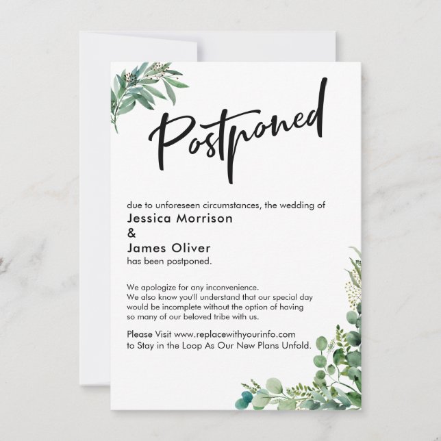 Mariage reporté avec carte Eucalyptus couleur aqua (Devant)