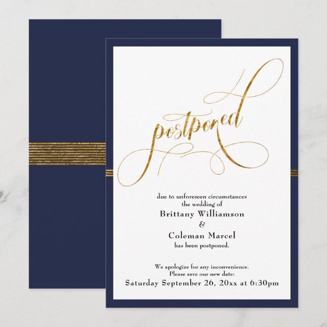 Mariage Reporté Élégante Carte Rayée de Navy et d' (Devant / Derrière)