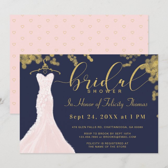Mariage Robe Marine or Bridal Showeuse Invitation (Devant / Derrière)
