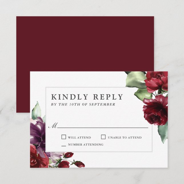 Mariage romantique Bourgogne et Plum Floral RSVP (Devant / Derrière)