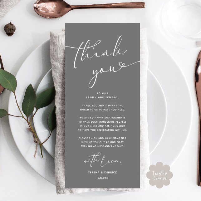Mariage romantique Cadre Carte de remerciements (Romantic Wedding Dinner Lunch Brunch Party Place Setting Thank You Card Dark grey)