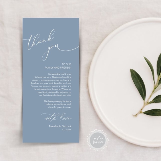 Mariage romantique Cadre Carte de remerciements (Modern Romantic Wedding Lunch, Brunch, Dinner Place Setting Thank You Card, in Dusty Blue)