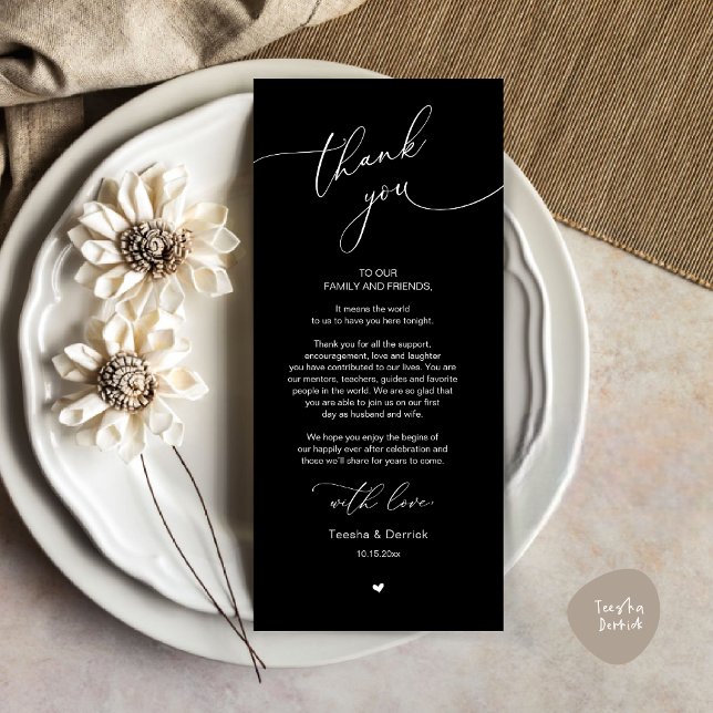 Mariage romantique Cadre Carte de remerciements (Modern Romantic Wedding Dinner Place Setting Thank You Card, Plate Decor, in Classy Black)
