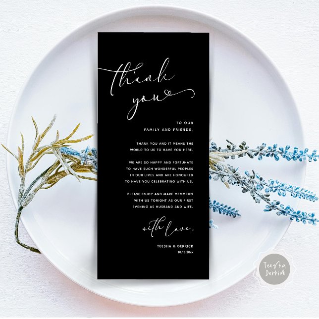 Mariage romantique Cadre Carte de remerciements (Romantic Minimalist Wedding Dinner Place Setting Thank You Card, in Classy Black)