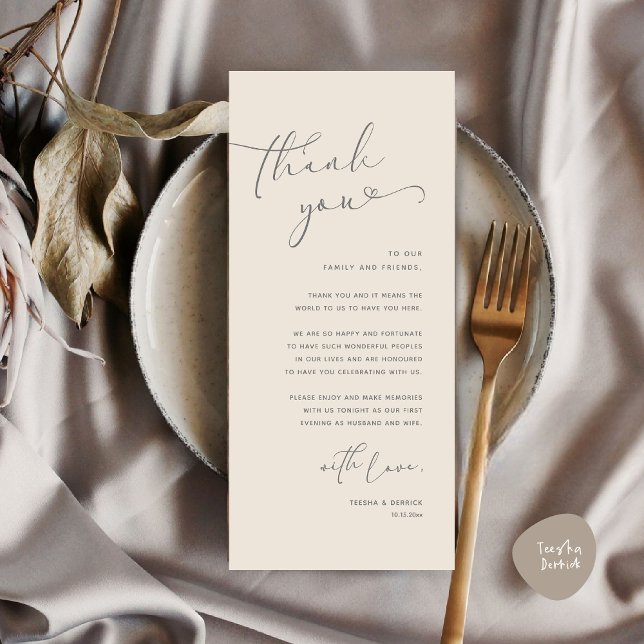 Mariage romantique Cadre Carte de remerciements (Romantic Minimalist Wedding Dinner Place Setting Thank You Card, in Summer Cream Grey)