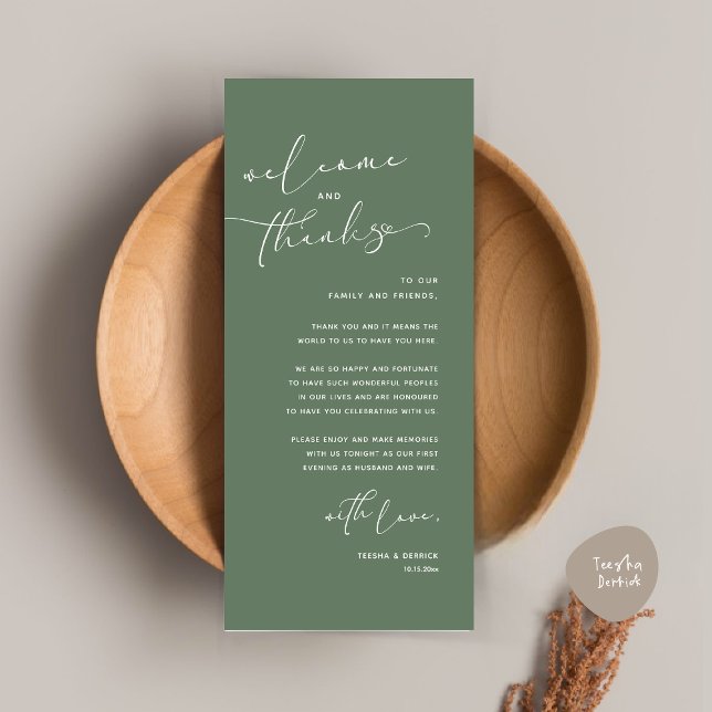 Mariage romantique Cadre Carte de remerciements (Romantic Wedding Dinner Place Setting Thank You Card, in Forest Sage Green)