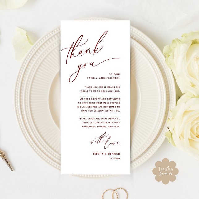 Mariage romantique Cadre Carte de remerciements (Romantic Wedding Dinner Place Setting Thank You Card Lunch Brunch in Burgundy Wine Red)