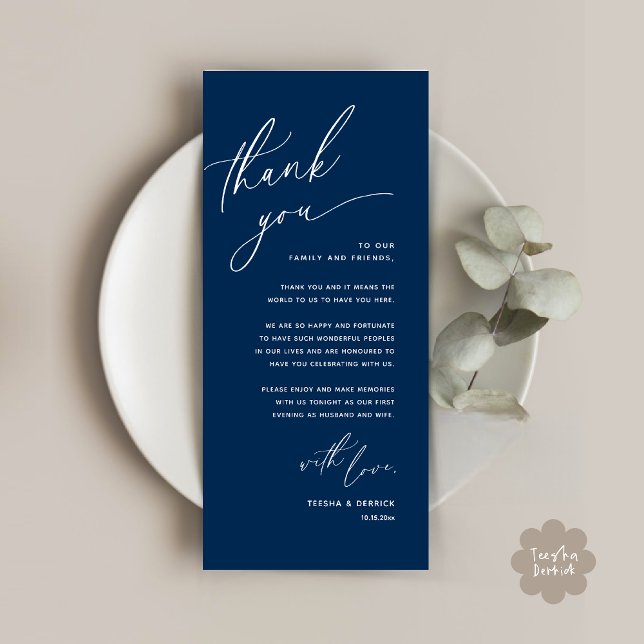 Mariage romantique Cadre Carte de remerciements (Romantic Wedding Dinner Place Setting Thank You Card Lunch Brunch in Classy Navy Blue)