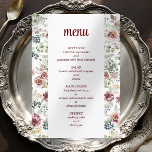 Mariage romantique élégant menu vintage floral