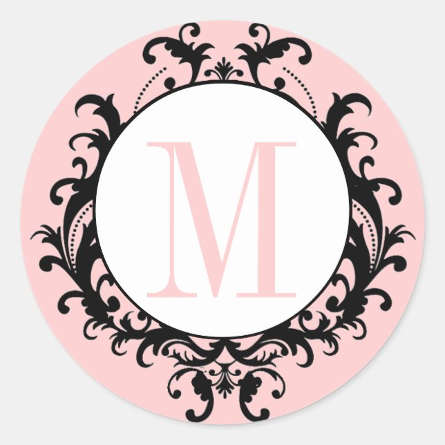 Mariage rose chic Monogram M Damask Étiquette (Devant)