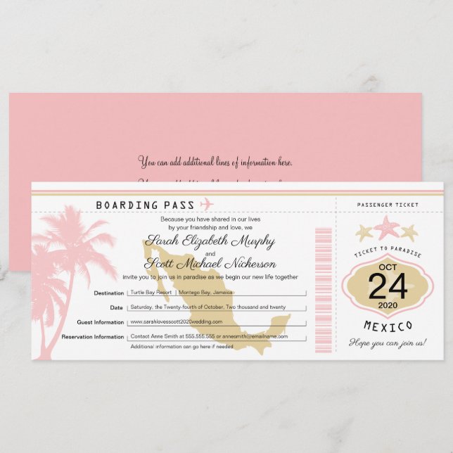 Mariage rose de carte d'embarquement d'or du (Devant / Derrière)