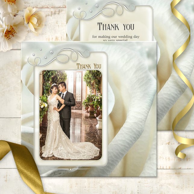 Mariage Rose d'ivoire d'argent Merci Carte photo (Wedding Thank You card featuring your photo framed by a silver swirling design on a white rose)